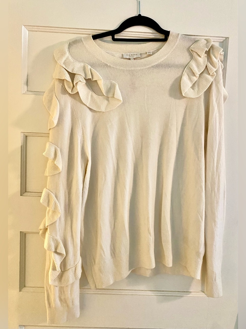 Ted Baker Cream Ribbed Crewneck Sweater With Ruffle Embellished Sleeves